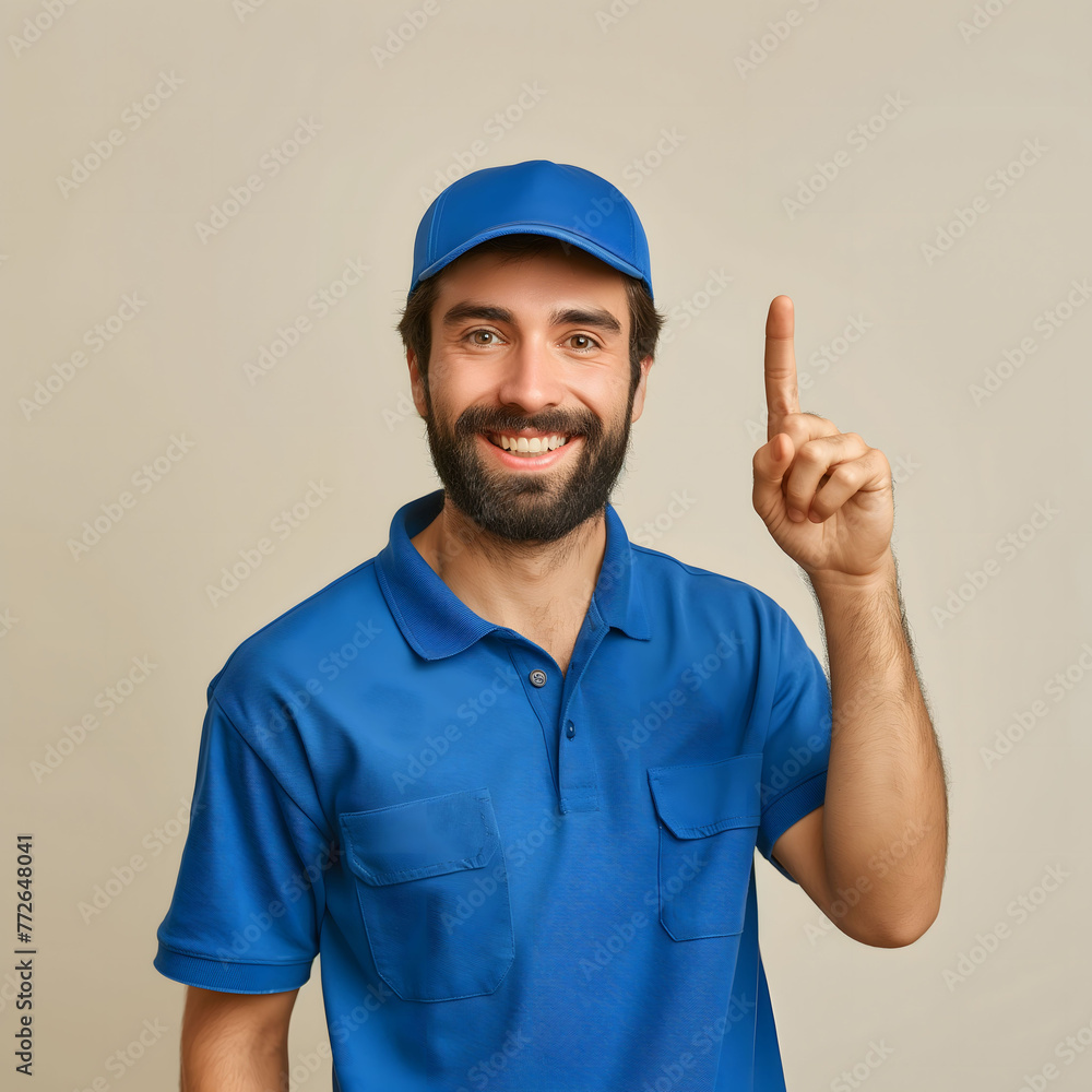 Attentive employee, blue uniform, number one gesture, pointing up and customer service. Attentive employee, blue uniform, number one gesture, pointing up and customer service.