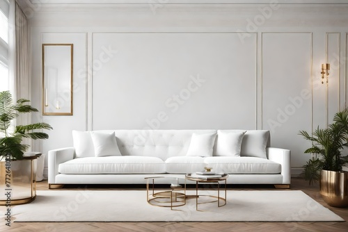Chic white couch complemented by gold elements, Modern white sofa with stylish gold details, Elegant living room with white couch and gold accents.