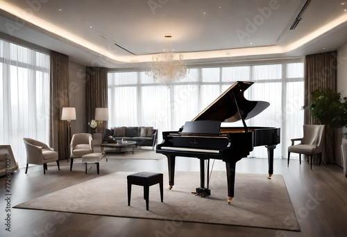 A beautifully crafted grand piano adding sophistication to a modern living space, A luxurious grand piano as the focal point in a stylish living room.