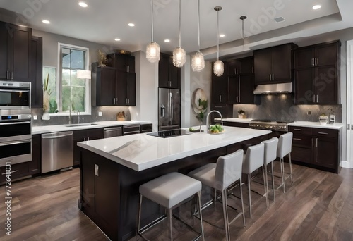Sophisticated kitchen with central island and dark cabinetry, Sleek kitchen featuring dark wood cabinets and island, Elegant kitchen with dark wood cabinets and island. photo