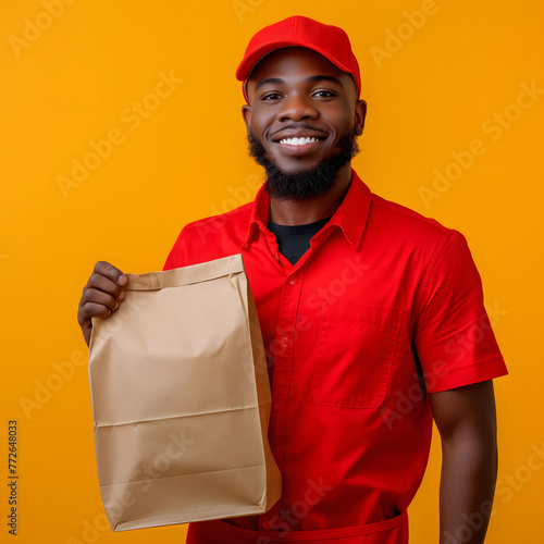 Smiling afro delivery man, red shirt, food package, fast service, professionalism.  photo