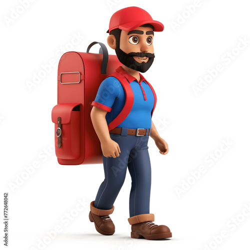 Animated delivery man, red backpack, uniform, delivery service, 3D character. photo