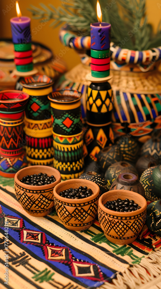 Colorful Depiction of Traditional Kwanzaa Crafts including Earthenware, Mkeka Mat, and Kinara