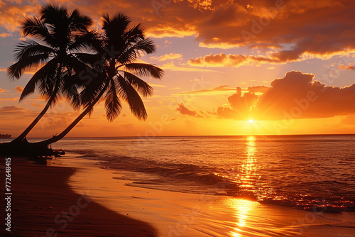 Burnt orange sunrise wallpaper, black sand beach, palm trees. Golden hour serenity