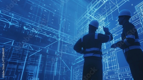 Structural Engineering Analysis with Blueprints, structural engineering analysis with blueprints with an image featuring engineers examining structural details, AI. © LofiAnimations