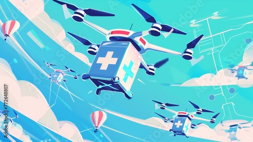 Autonomous Healthcare Delivery Drones, the role of autonomous drones in healthcare delivery with an image showing drones transporting medical supplies or conducting aerial medical missions, AI.  illus photo