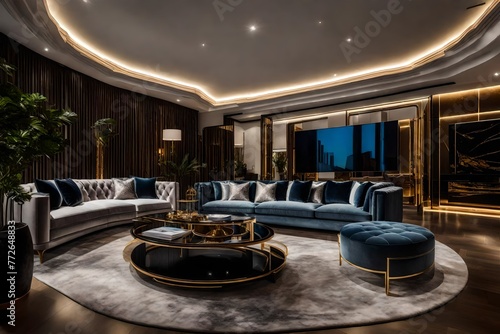 Grand living room décor with a regal touch of gold and blue elements, Opulent gold and blue décor in a stylish living space, Luxurious gold and blue themed living room with elegant furniture.