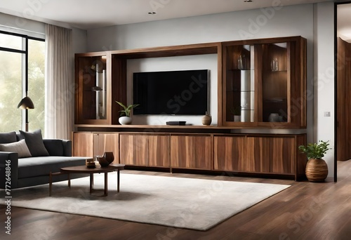 Warm and inviting living space with wood furniture and TV  Stylish living room d  cor with wooden accents and TV  Cozy modern living room with wooden furniture and TV.