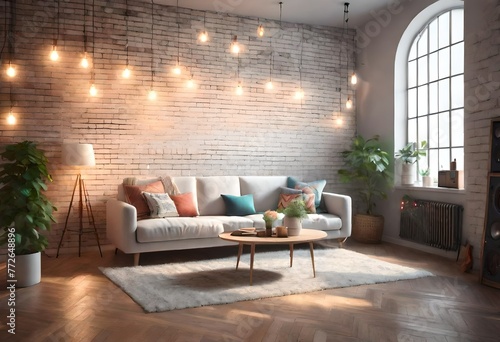 Classic meets contemporary in this living room styled with wooden décor and a brick accent wall, Rustic charm in a modern living space featuring wooden furnishings and brick accent wall.