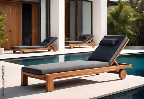 Scenic poolside wooden lounging chair, Poolside wooden chaise for lounging, Relaxing wooden lounger by the pool.