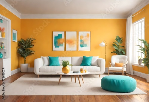 Bright and inviting living space with yellow wall accents, Modern white décor set against cheerful yellow walls, Sunny yellow living room with elegant white furniture. © Johnny Sins