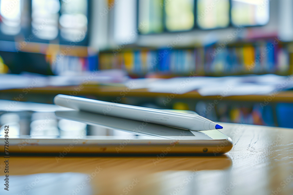 Digital tablet and stylus on a school library table with blur background Digital tablet and stylus on a school library table with blur background