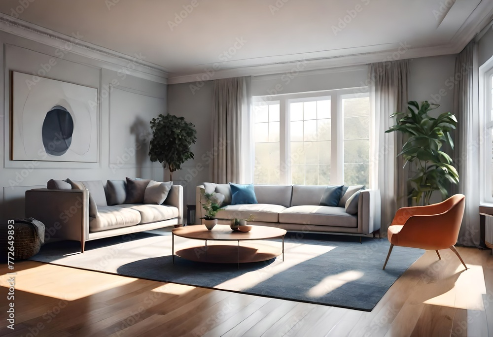 Modern living room setup with elegant sofas and a sleek coffee table, Inviting space with comfortable seating and a central coffee table, Cozy living room with plush couches.
