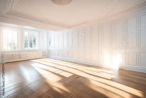 Bright room with wooden flooring  Serene empty space with clean white walls  Minimalist white room with wooden floors.