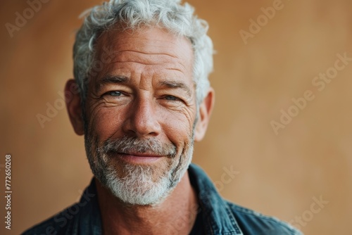 Portrait of a senior man with grey hair and beard looking at camera