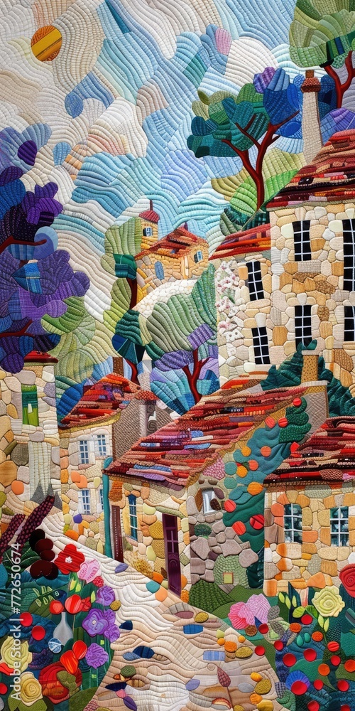 contemporary quilts, a village in france, whimsical weaving, luminous pointillism, romantic charm, illustration made with generative AI