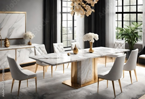 Luxurious dining area featuring marble table and gold seating, Sleek interior with modern marble dining set, Elegant dining room with marble table and golden chairs.