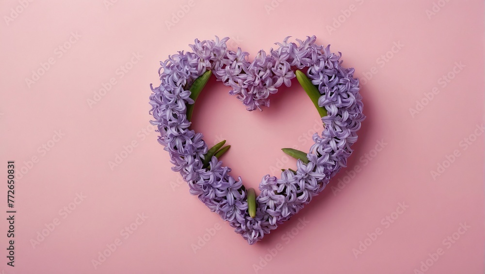 Hyacinth flowers in hole in heart shaped form over pink punchy pastel background, Top view, flat lay, Banner Hyacinth flowers in hole in heart shaped form over pink punchy pastel background, Top view, flat lay, Banner