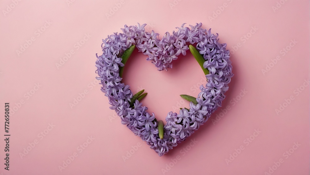 Hyacinth flowers in hole in heart shaped form over pink punchy pastel background, Top view, flat lay, Banner