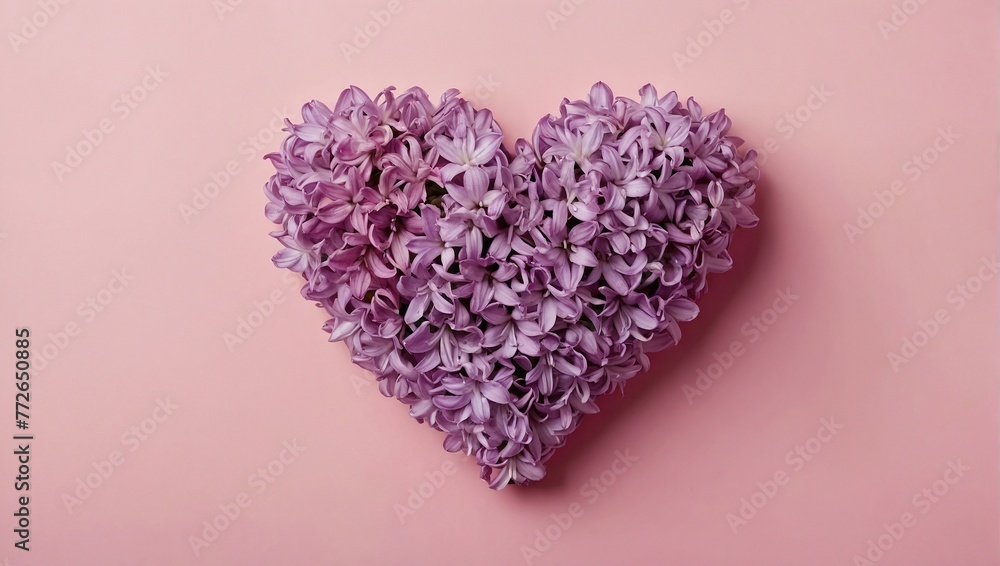 Hyacinth flowers in hole in heart shaped form over pink punchy pastel background, Top view, flat lay, Banner