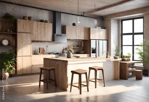 Elegant kitchen design showcasing wooden elements and seating, Modern cooking space with wooden cabinets and stylish stools, Sleek wooden kitchen with modern design and stools.