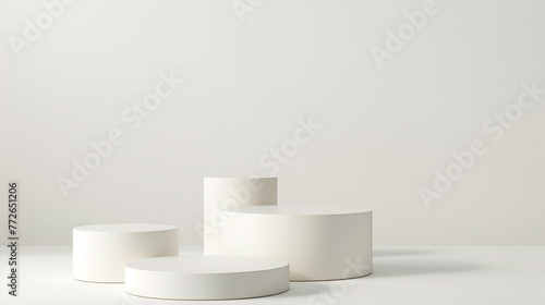 Set of white round empty podiums on white background. Display for product, minimalism concept