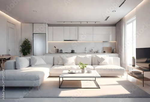 Clean and airy living space with white couch and center table, Serene white lounge area with elegant furniture, Bright white interior featuring modern sofa and table.