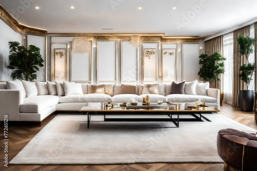 Bright and inviting living space featuring subtle gold highlights  Stylish interior with modern white and luxurious gold details  Chic white living room with elegant gold accents.