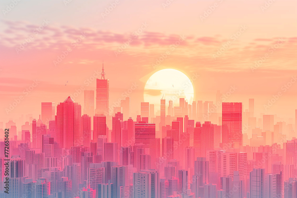 Coral & pink city sunset, warm glow. Dreamy cityscape, summer vibes. 