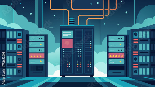 Detailed shot of a computer server room in a manufacturing facility highlighting the extensive use of AI and ML algorithms to yze and optimize