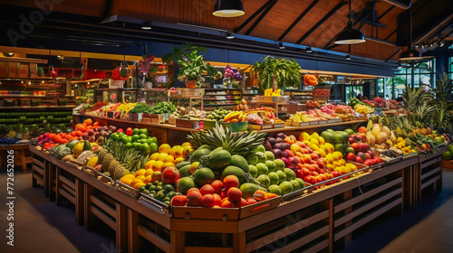 Vibrant fruit and vegetable market stalls display an array of fresh produce.