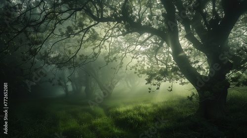 Colorful photo of a beautiful misty forest