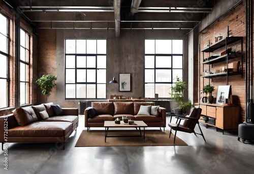 Industrial living space featuring leather sofas and expansive windows, Modern industrial décor with leather seating and large windows, Spacious living room with leather furniture and natural light. © Johnny Sins