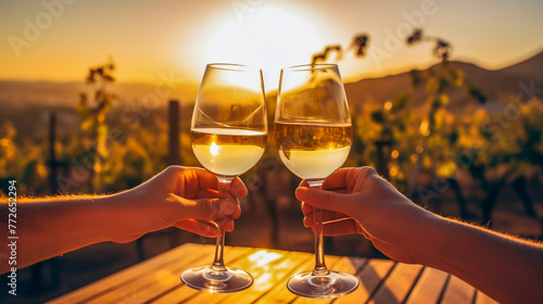 Two hands are holding glasses of white wine up to the sun in a vineyard setting.