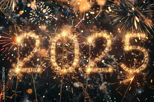 happy new year 2025 on a Vibrant background resembling burst of fireworks and confetti .
