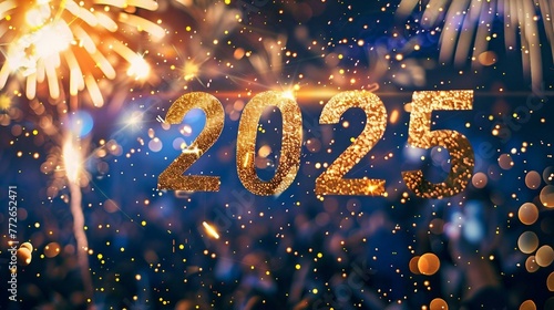 happy new year 2025 on a Vibrant background resembling burst of fireworks and confetti . 