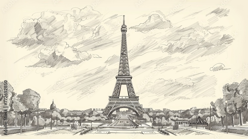 Eiffel Tower  Iconic Parisian landmark, handdrawn illustration, dreamy background