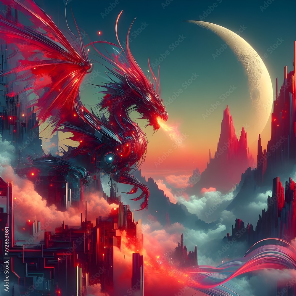 Surrealism illustration A tall, misty cliff with a sparkling red dragon.

