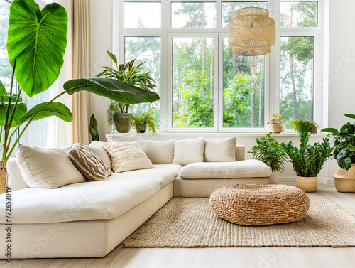 Sala de estar aconchegante e minimalista, inspirada na natureza e no bem estar