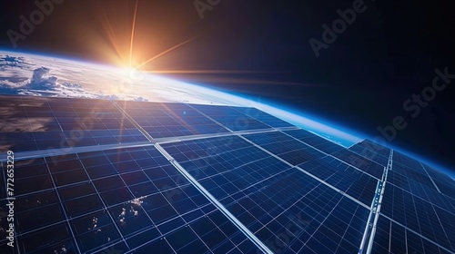 Image of solar panels in space against the background of the Earth. Space background with space for copy. Generative AI