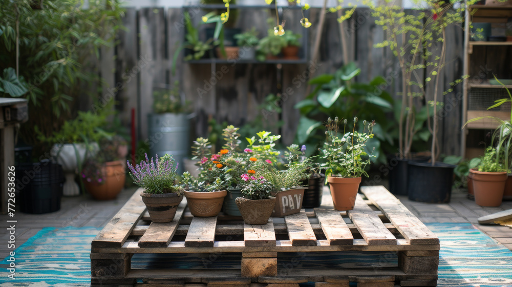 Plants in pots stand on a pallet Plants in pots stand on a pallet