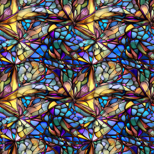 Seamless Square Tile, 4 Combined for Visual Display, Stained Glass Style, Floral, Multi Colored, Detailed Unique Pattern Design.