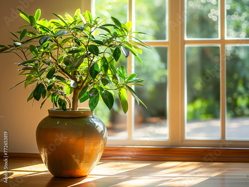 Foto mostrando plantas indoor banhadas pelo sol em uma janela, adicionando charme e vitalidade ao design de interiores photo