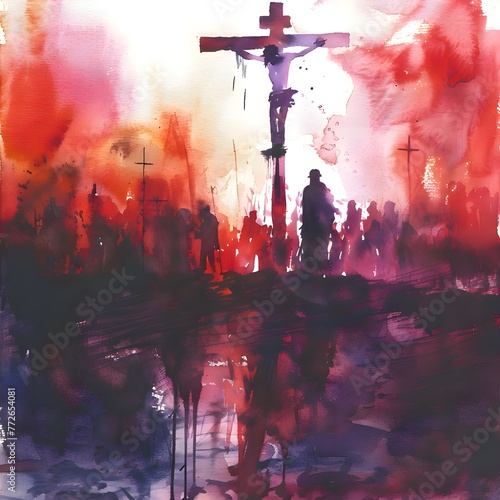 Powerful Biblical Illustration: The Crucifixion and Passion on Good Friday - Watercolor New Testament Art (ID: 772654081)