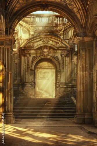 A magical hall s old gate leads to golden stairs  bathed in sunlight and adorned with baroque-inspired sculptures.