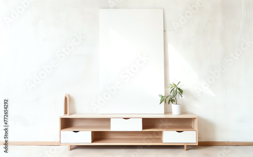copy space blank white board on wooden cabinet in living room ai generated © XMind