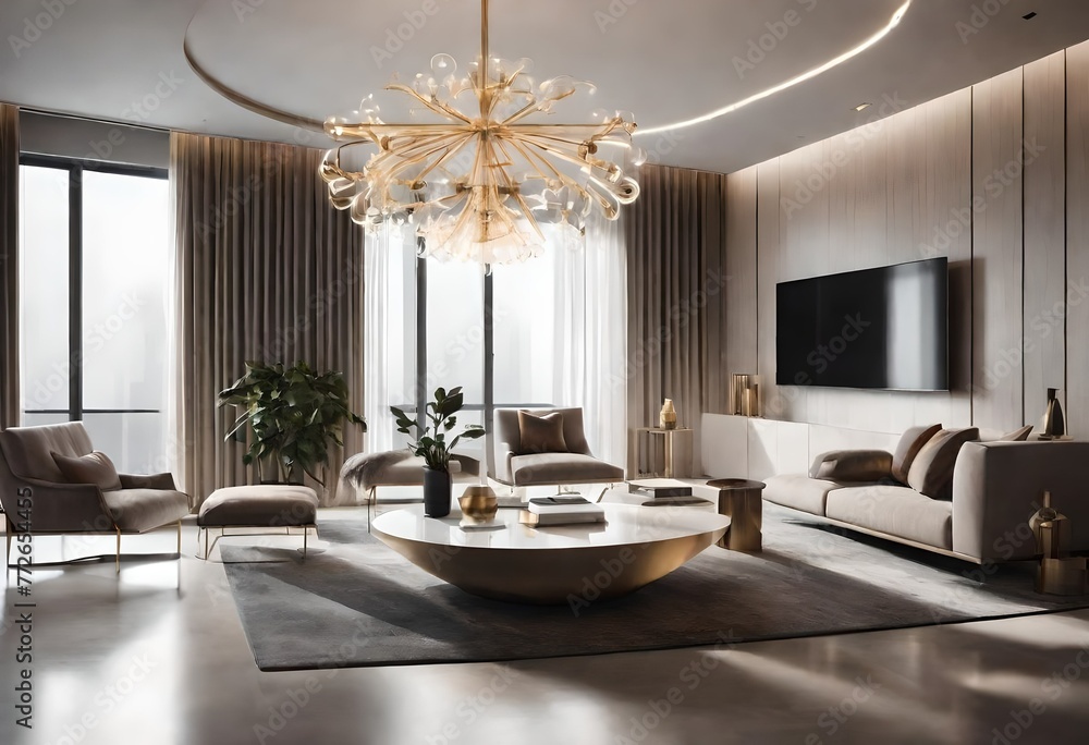 Luxurious gold chandelier illuminating a stylish living space, Modern interior featuring a stunning gold chandelier, Elegant living room with sparkling gold chandelier.