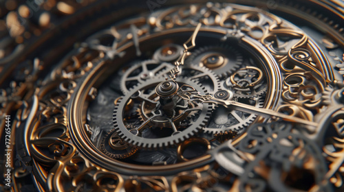 A closeup shot of a clock with gears in it reveals meticulous design and multilayered dimensions in dark gray and bronze.