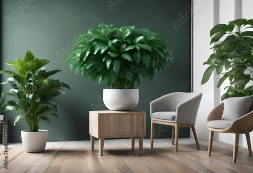 Room with green walls featuring three houseplants, Indoor plants in a serene green room, Three lush potted plants against green walls.