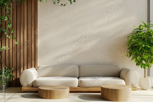 Sala de estar minimalista e ecológica com sofá arredondado, parede branca e elementos de design sustentável, como ripas de madeira. Plantas adicionam um toque natural, criando um ambiente acolhedor photo